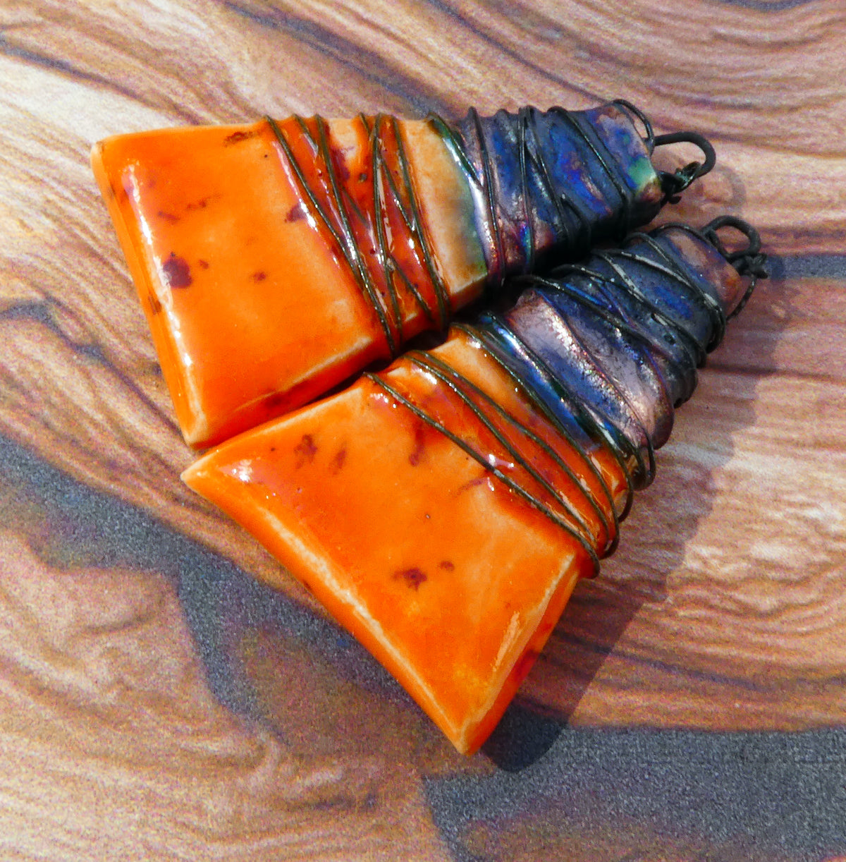 Ceramic Wire Wrapped Wedge Charms -Wildfire