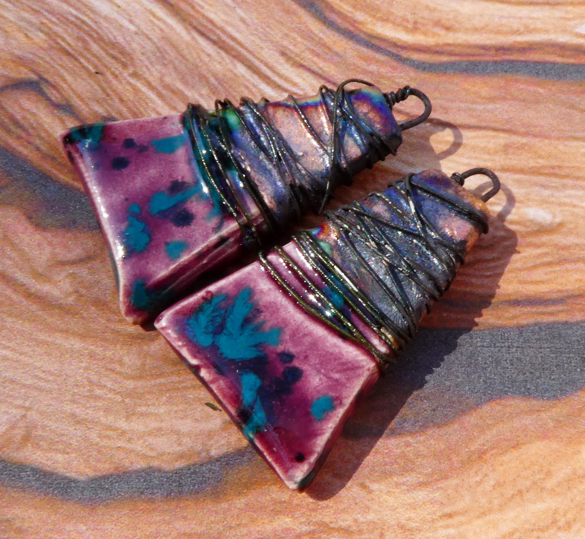 Ceramic Wire Wrapped Wedge Charms -Peppered Raspberry