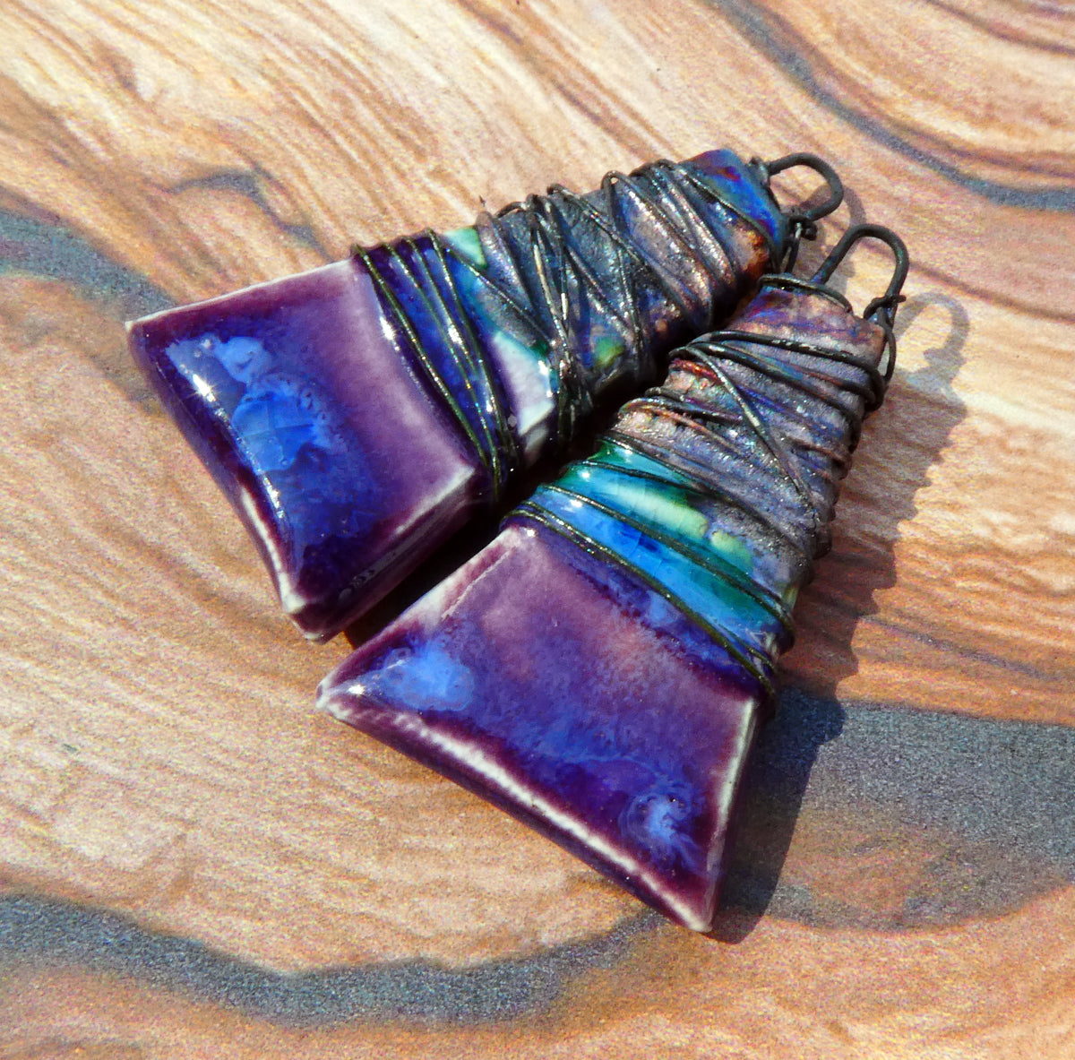Ceramic Wire Wrapped Wedge Charms -Royal Fantasy