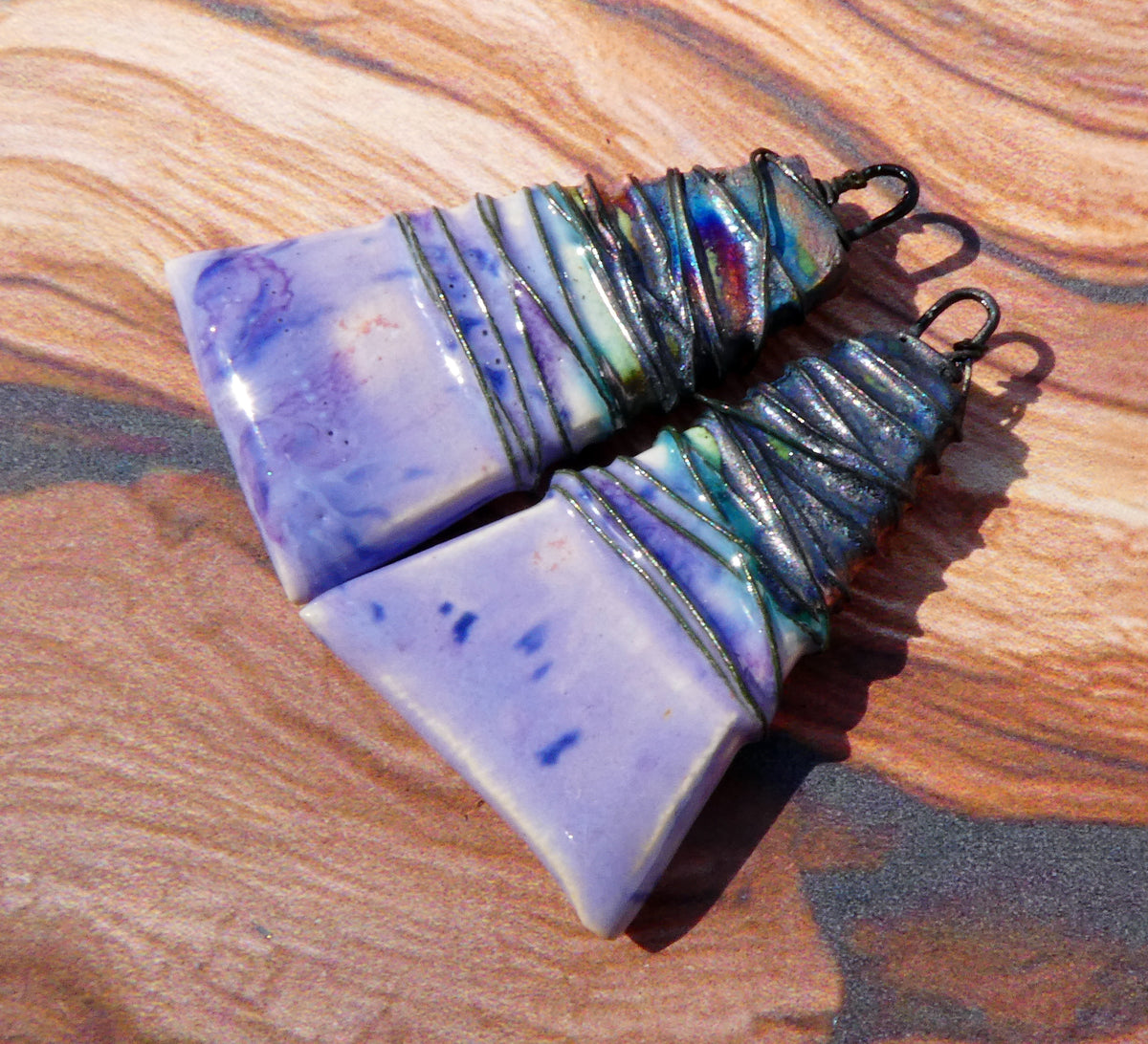 Ceramic Wire Wrapped Wedge Charms -Purple Reign