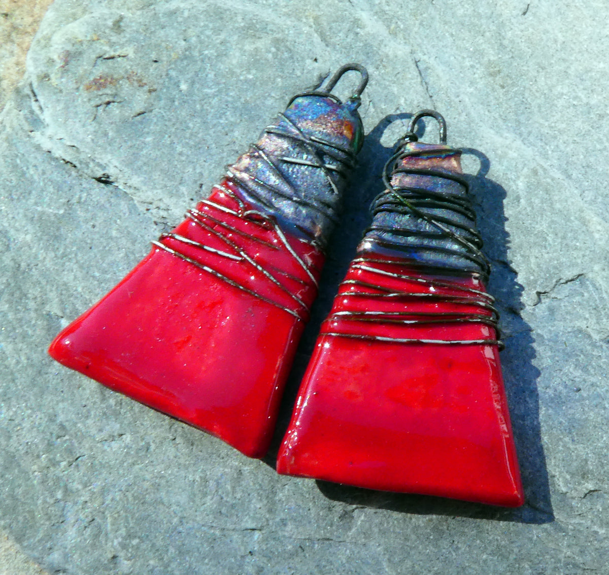 Ceramic Wire Wrapped Wedge Charms -Red