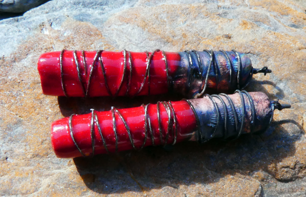 Ceramic Wire Wrapped Stick Charms - Red