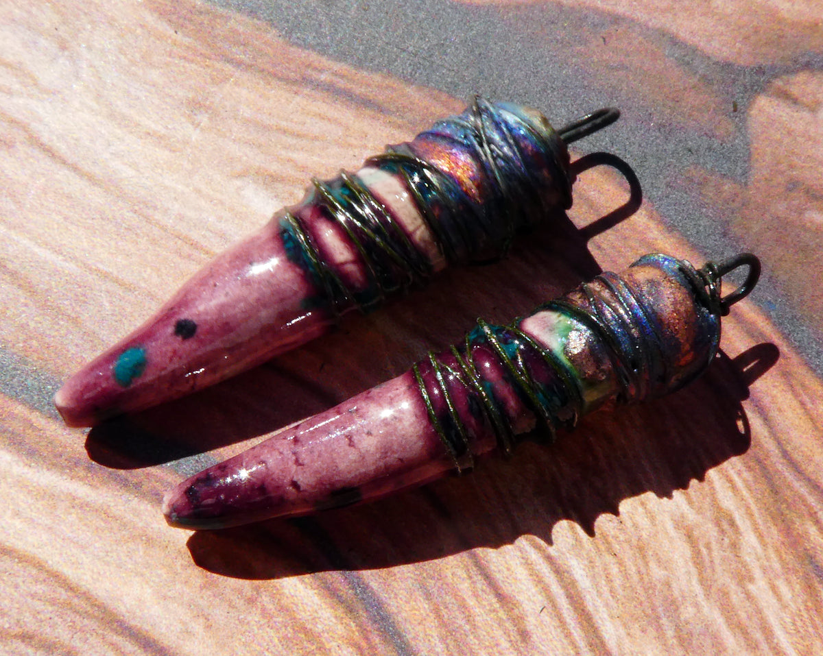 Ceramic Wire Wrapped Pointy Stick Charms -Peppered Raspberry