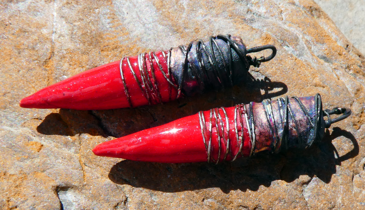Ceramic Wire Wrapped Pointy Stick Charms -Red