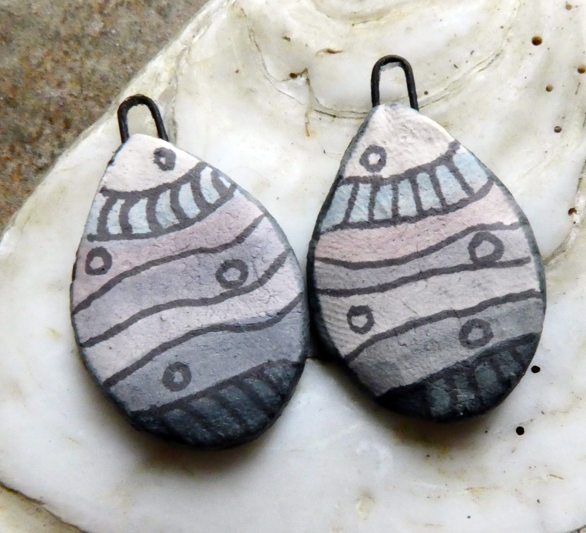 Ceramic Inky Teardrop Earring Charms - Greys