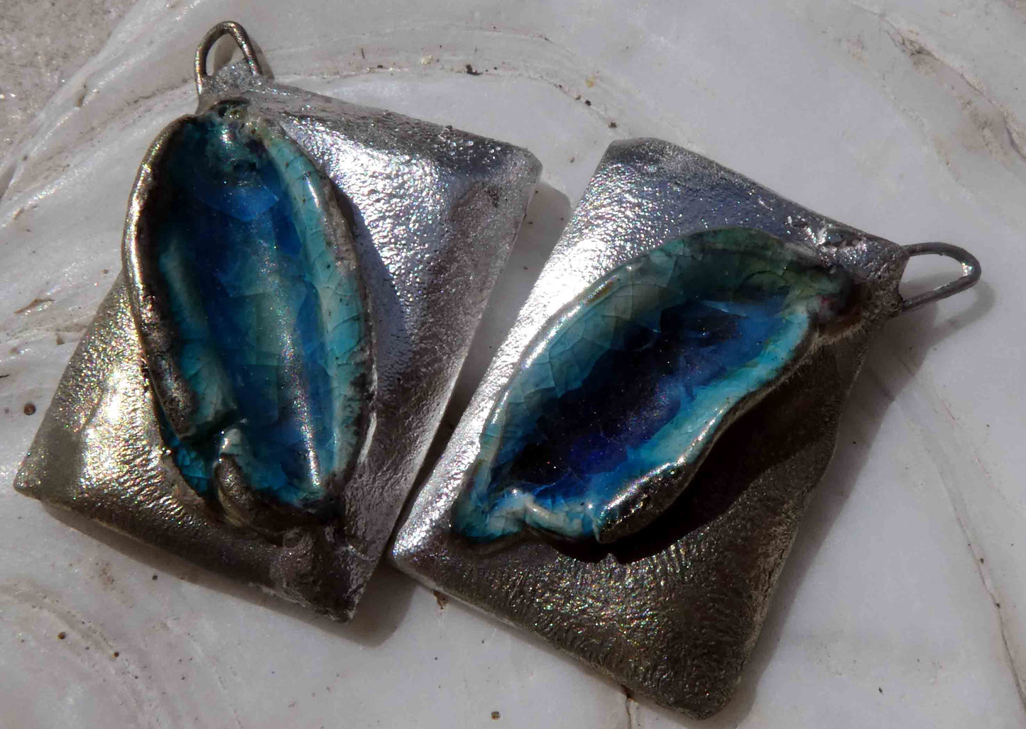 Ceramic Slashed Glassy Tablet Earring Charms - Blue #2
