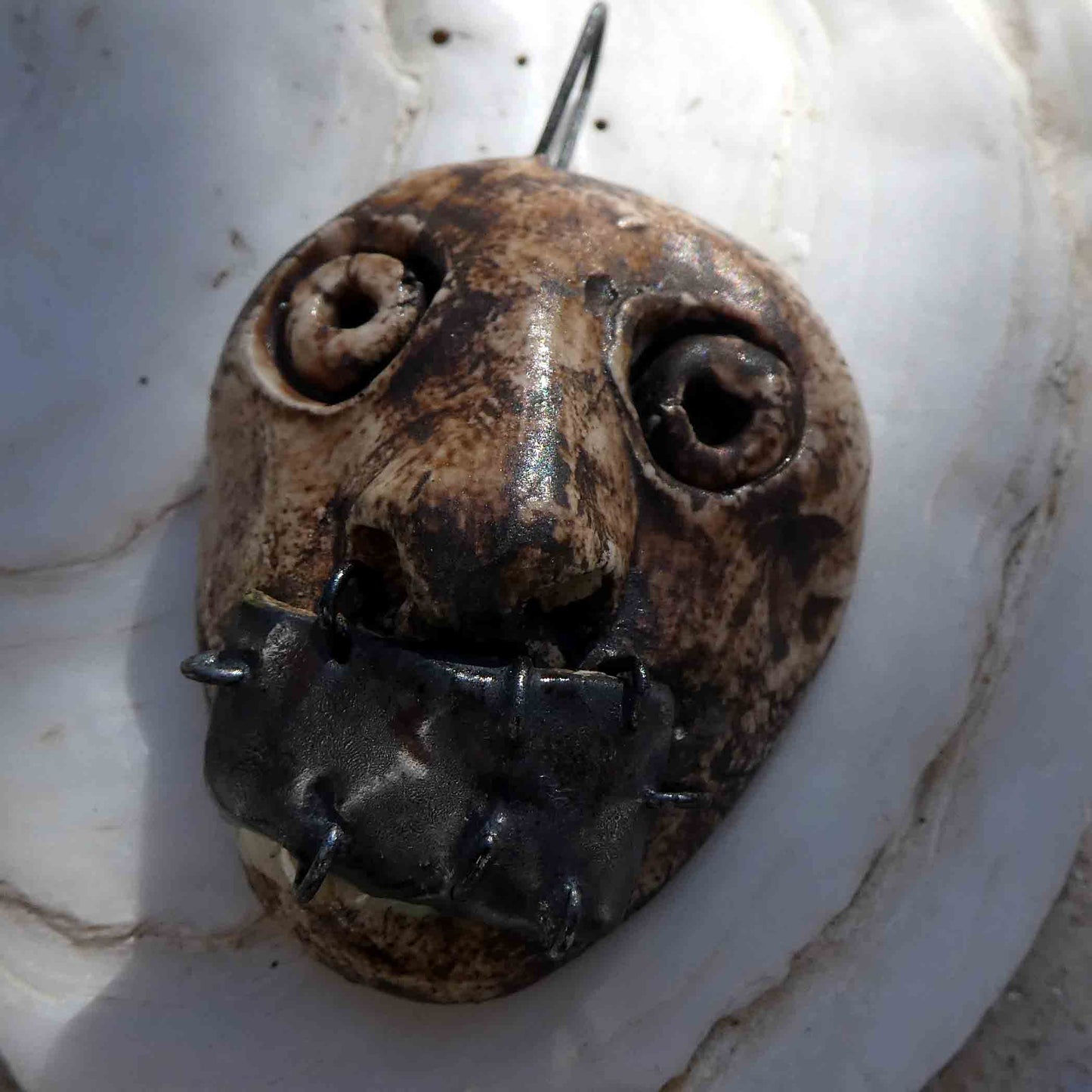 Ceramic Voodoo Stapled Head Pendant #4