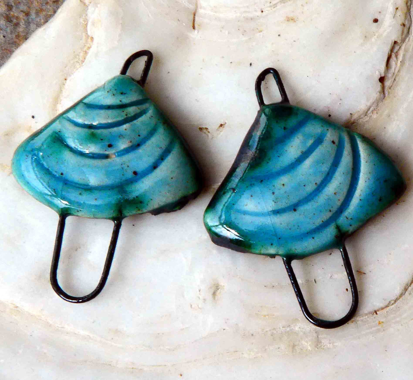 Ceramic Textured Fan Earring Connectors-Lagoon