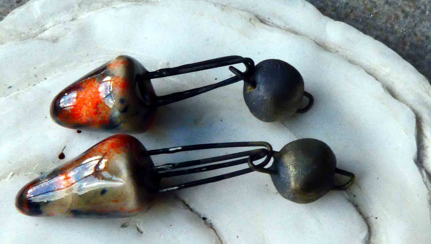 Ceramic Cone and Double Hoop Bobble Dangles -Smoke and Fire - Asymmetric
