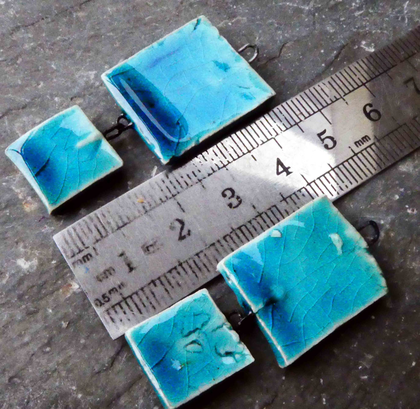 Ceramic Dimpled Double Square Earring Dangles -Oriental Blue -Asymmetric