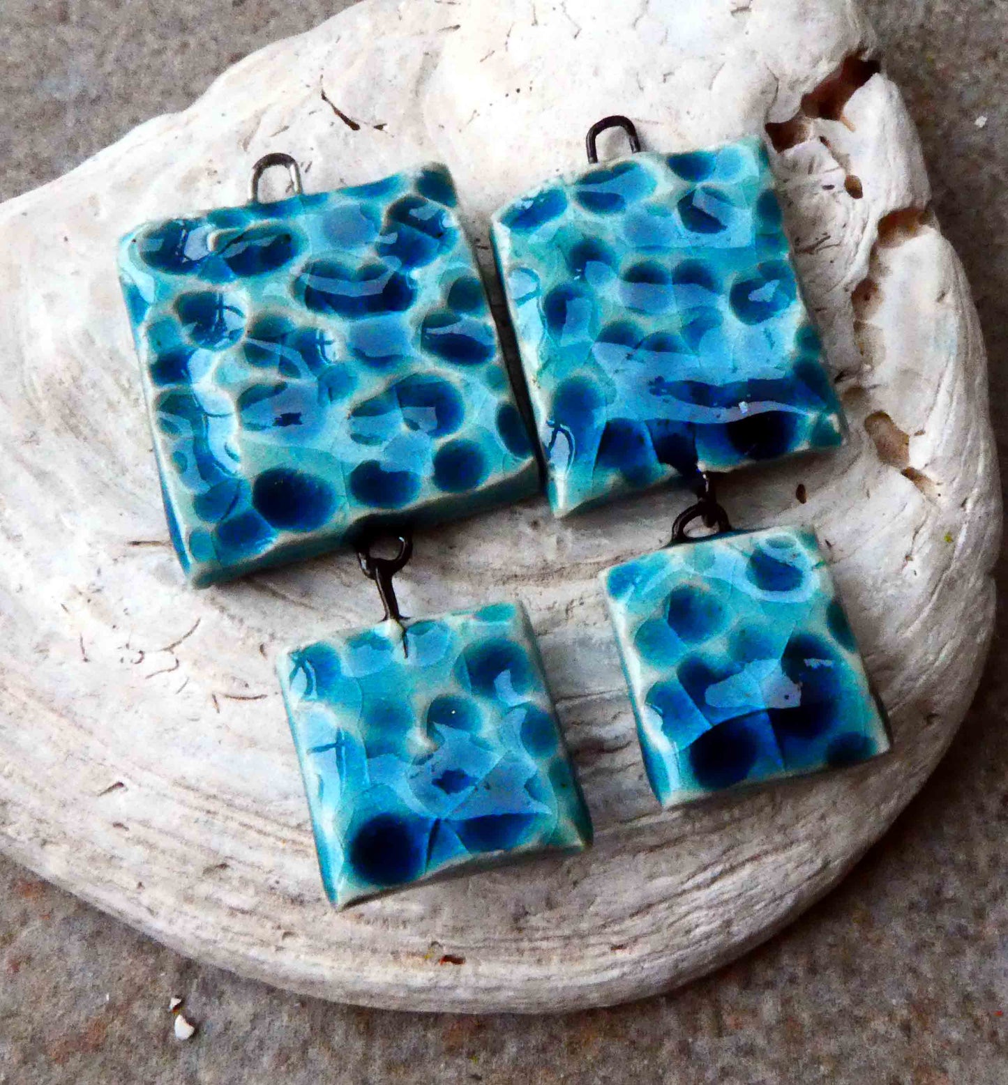 Ceramic Dimpled Double Square Earring Dangles -Oriental Blue -Asymmetric