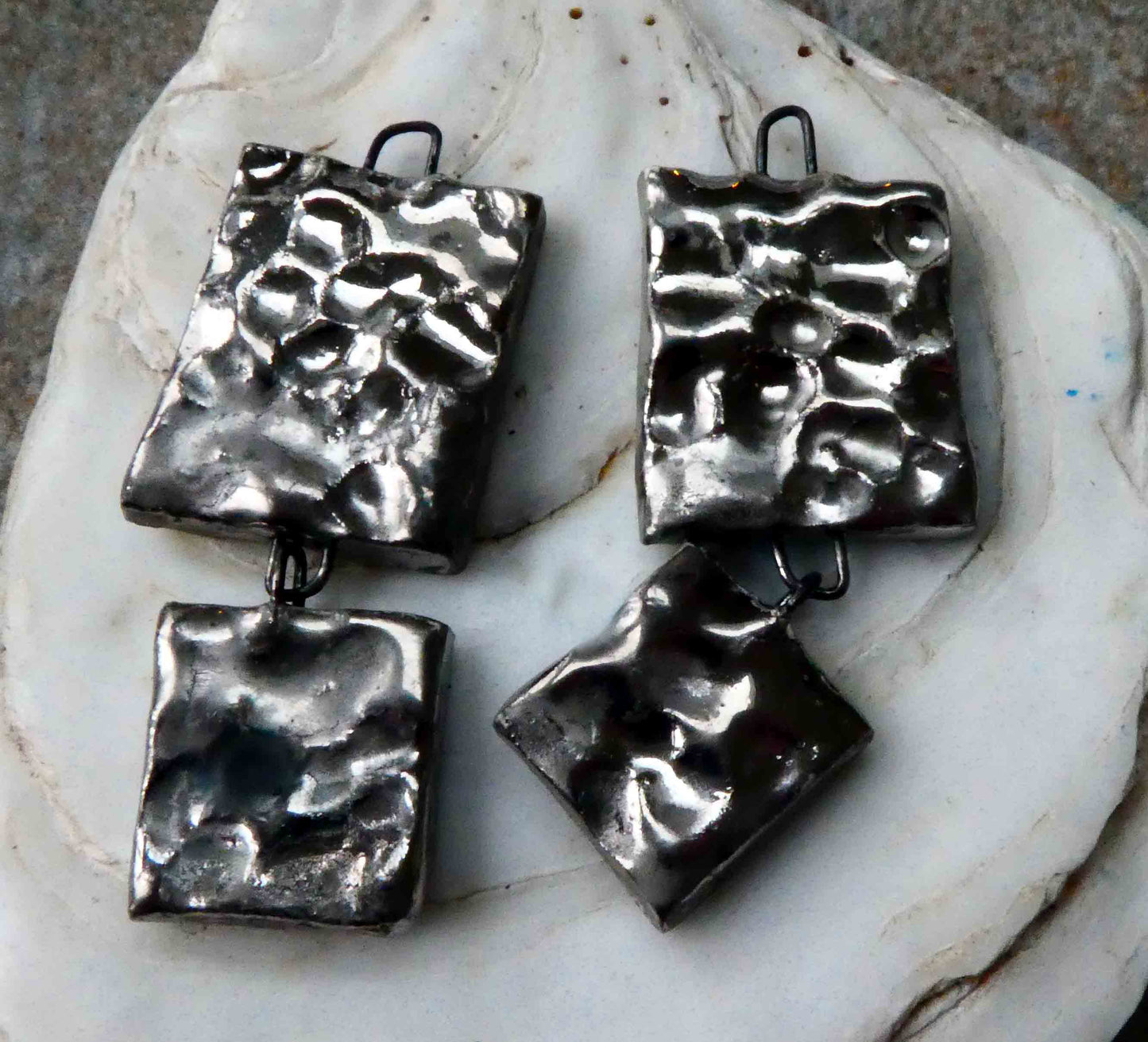 Ceramic Dimpled Double Square Earring Dangles -Platinum
