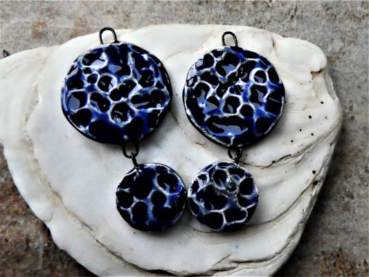 Ceramic Dimpled Double Disc Earring Dangles - Mirror Blue