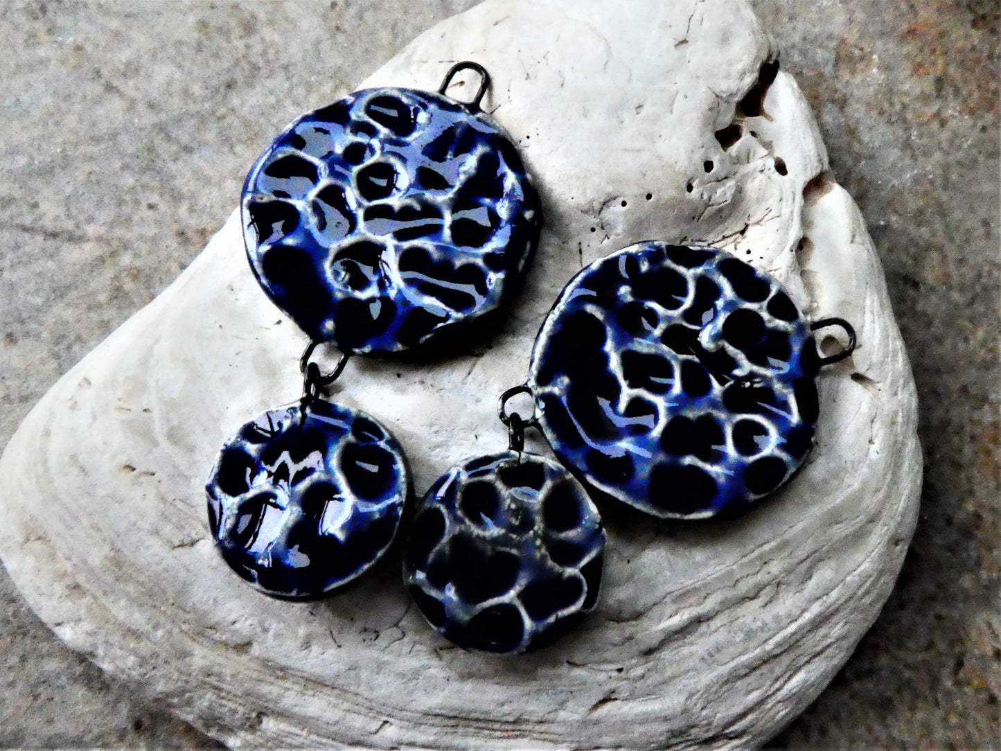 Ceramic Dimpled Double Disc Earring Dangles - Mirror Blue