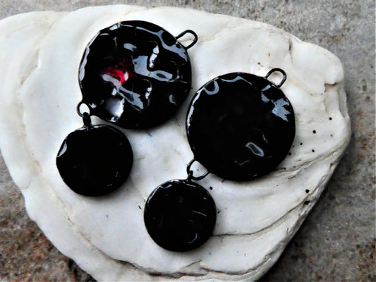 Ceramic Dimpled Double Disc Earring Dangles - Black Opal