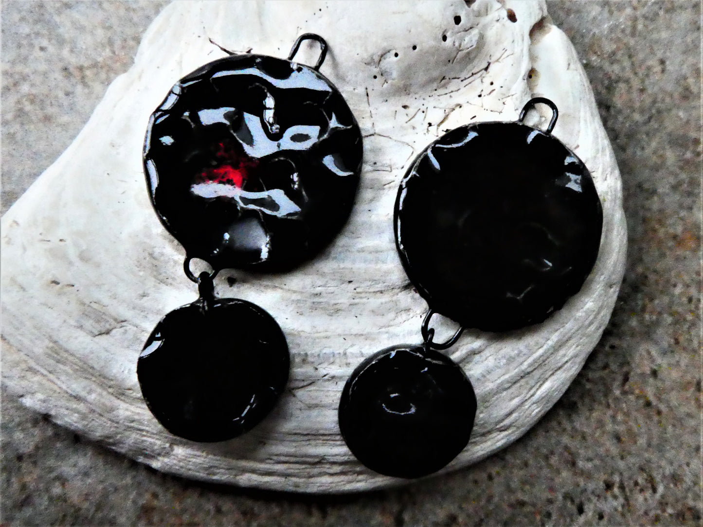 Ceramic Dimpled Double Disc Earring Dangles - Black Opal