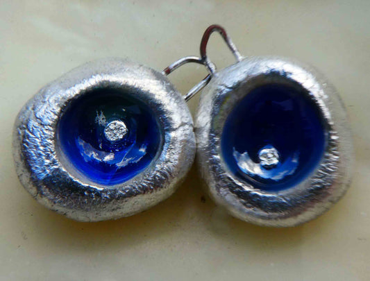 Ceramic Silvery Bowl Enamel Earring Charms -Lapis