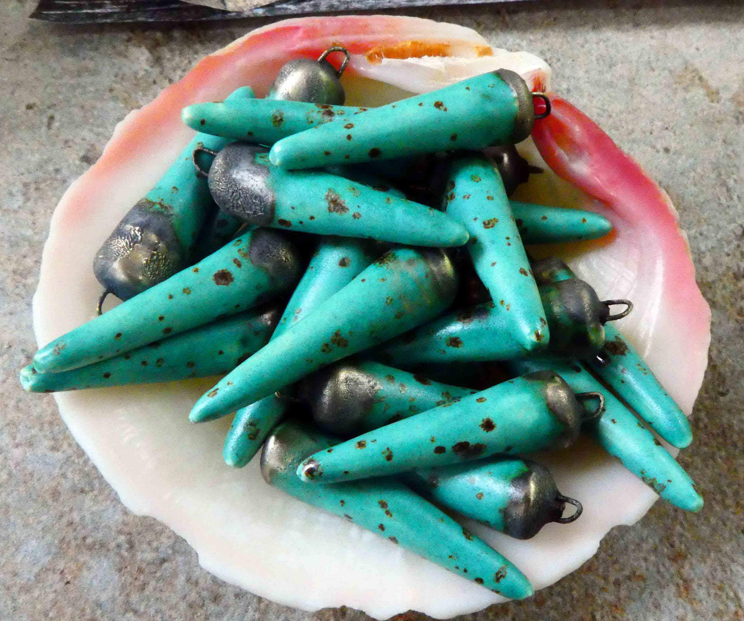Ceramic Bronzy Spike Earring Charms - Turquoise Speckle
