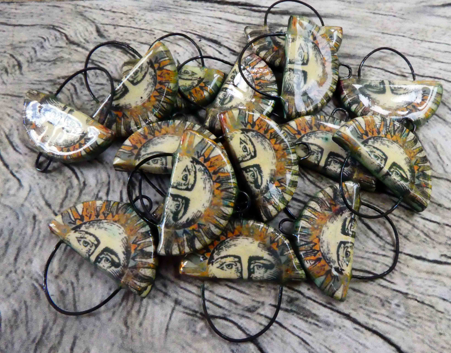 Ceramic Vintage Sun Decal Earring Connectors #1