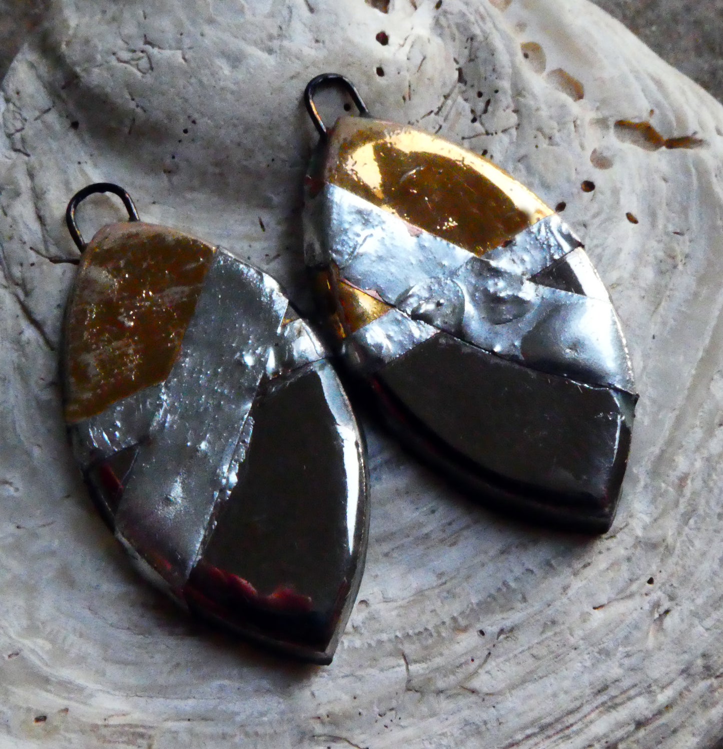 Ceramic Leaf Shaped Charms -Gold and Platinum Lustre #2