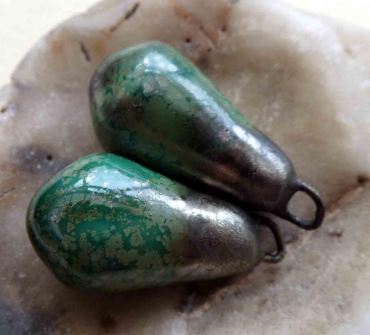 Ceramic Drops Earring Charms -Green Metal