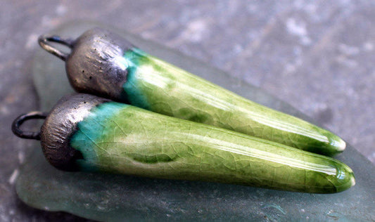 Ceramic Spikes Earring Charms -Green Crackle