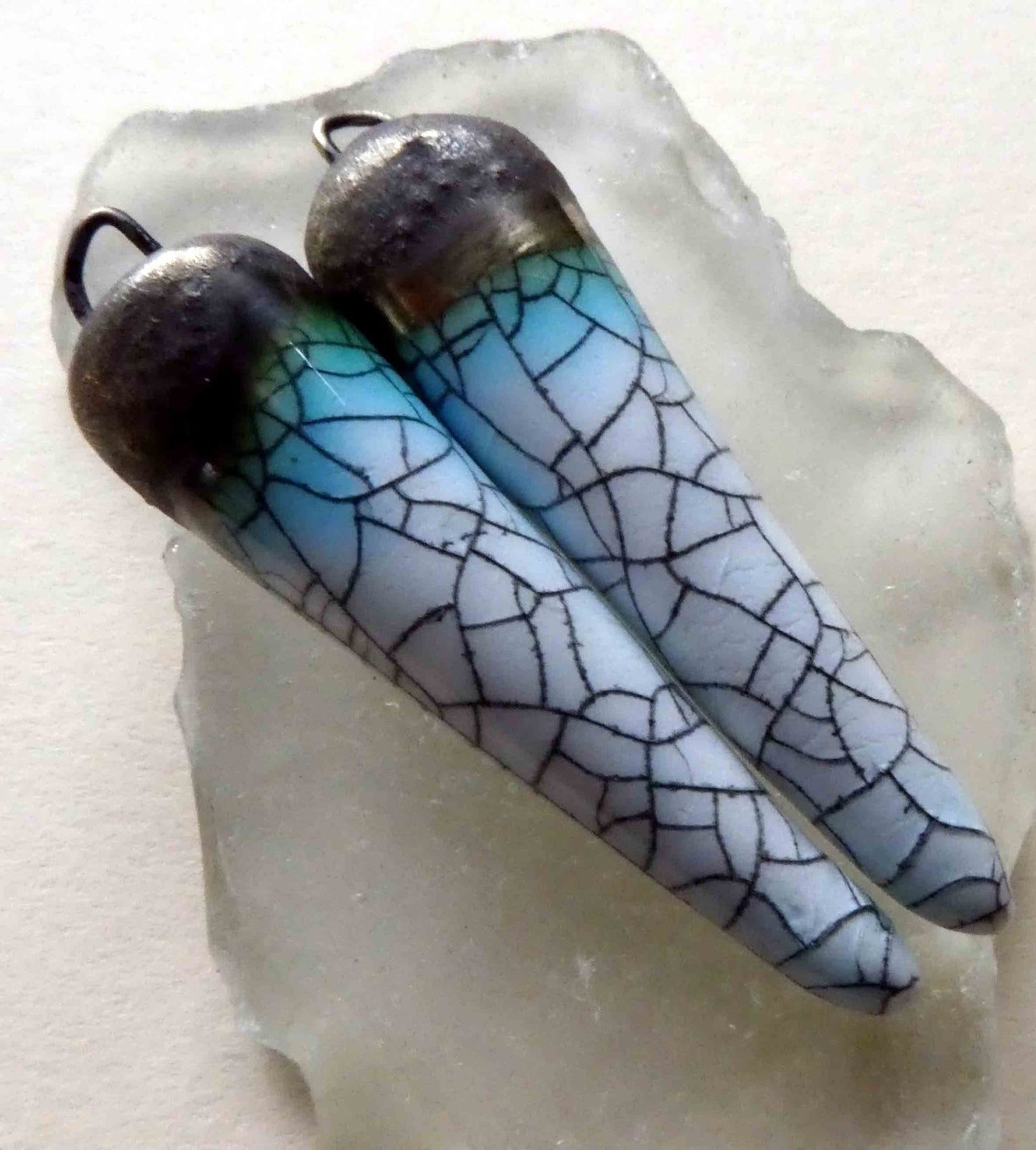 Porcelain Spikes Earring Charms -Black Crackle