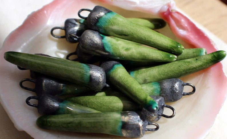 Ceramic Spikes Earring Charms -Green Crackle