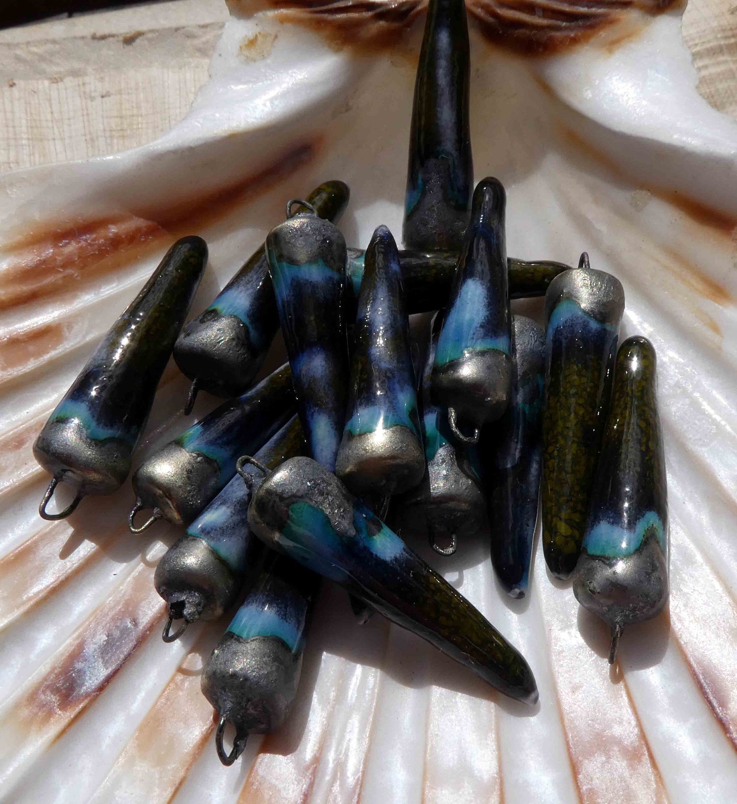 Ceramic Bronzy Spike Earring Charms - Mottled Green