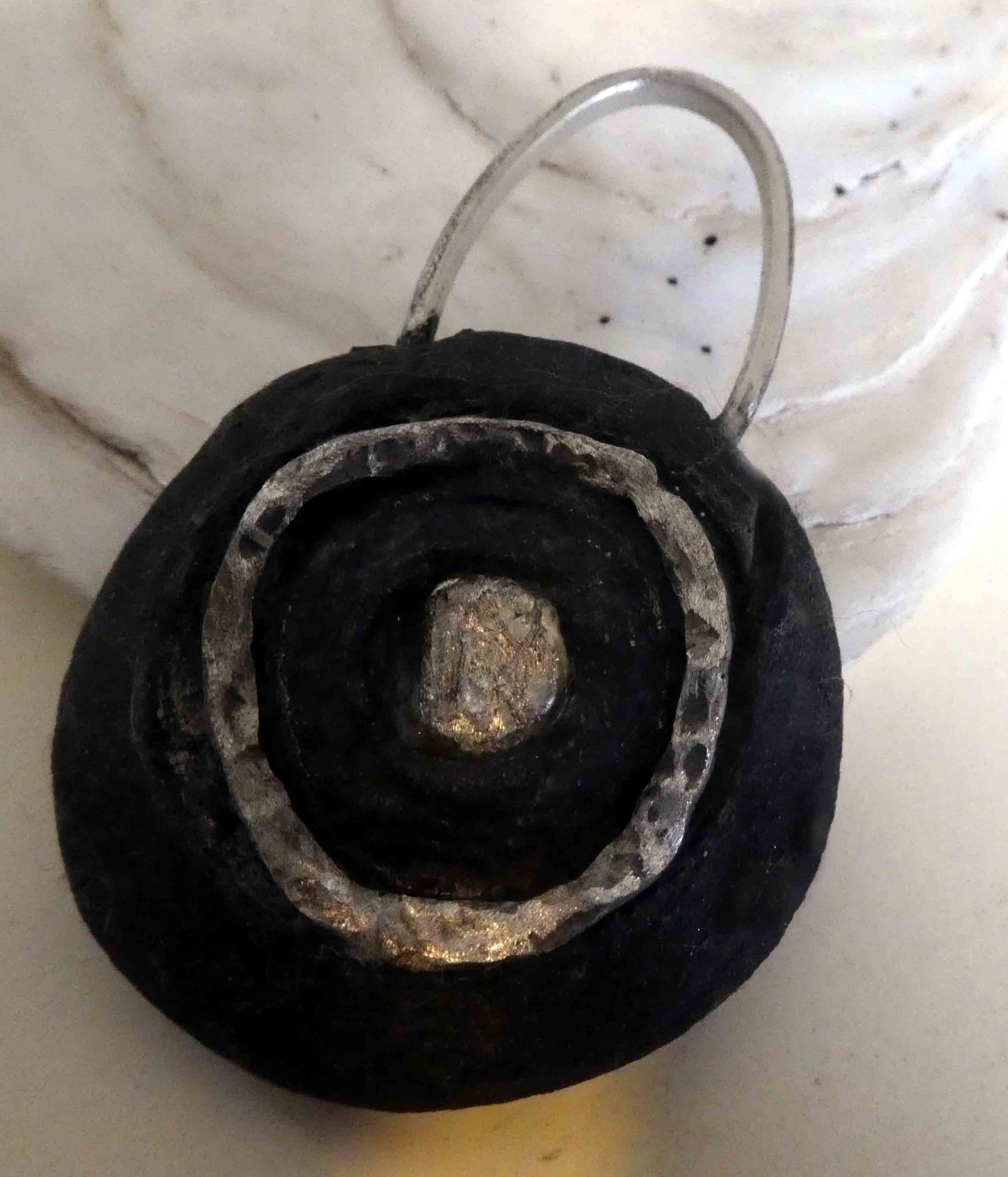 Unisex Black Ceramic and Silver Disc Pendant