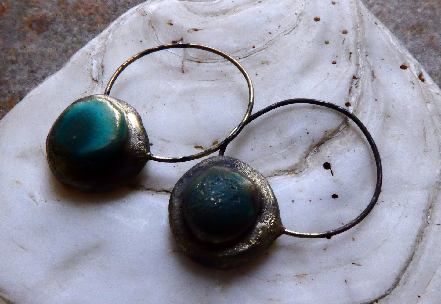 Ceramic Hoopy Disc Dangles -Antique Turquoise