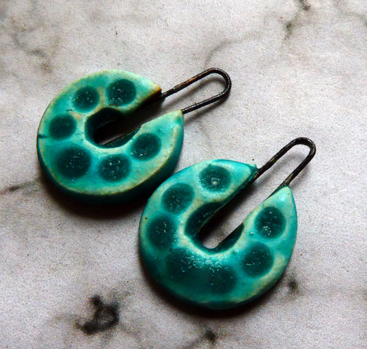 Ceramic Textured Long Hoop Horseshoe Earring Charms - Antique Turquoise