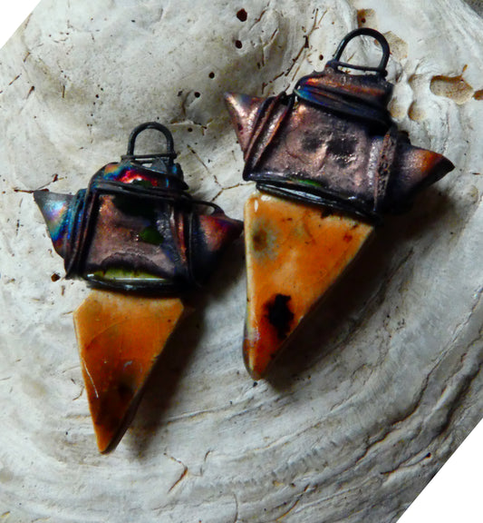 Ceramic Wire Wrapped Spearhead Earring Charms -Oriental Caramel