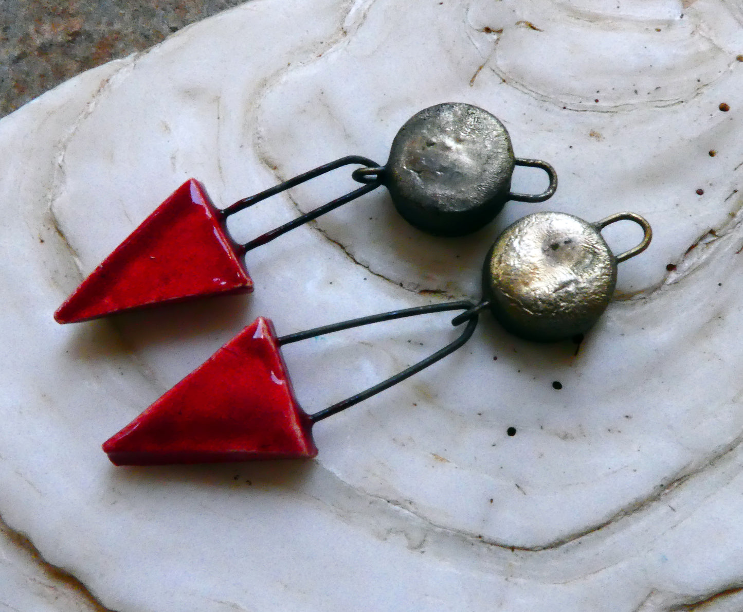 Ceramic Disc and Triangle Earring Dangles -Red