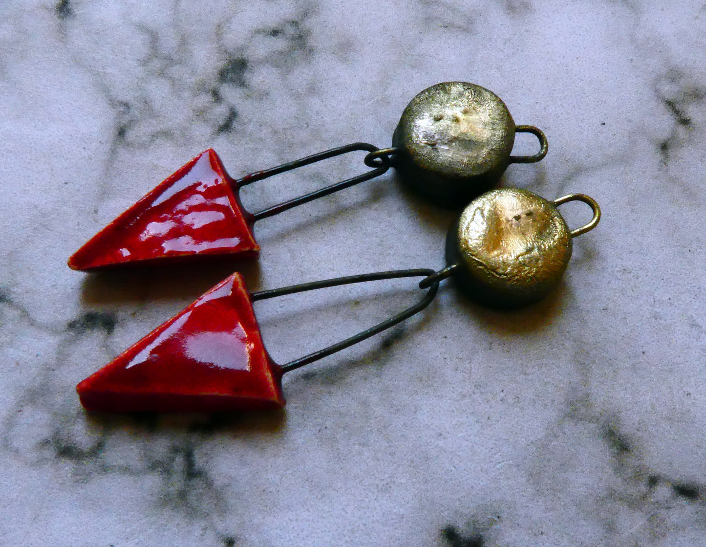 Ceramic Disc and Triangle Earring Dangles -Red