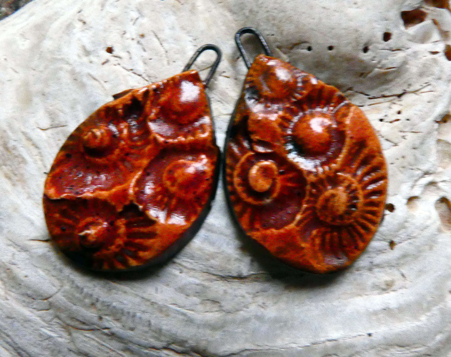 Ceramic Ammonite Textured Slice Earring Charms - Phoenix Red