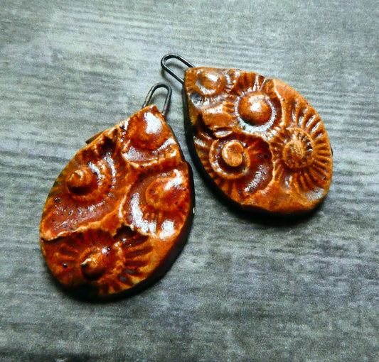 Ceramic Ammonite Textured Slice Earring Charms - Phoenix Red