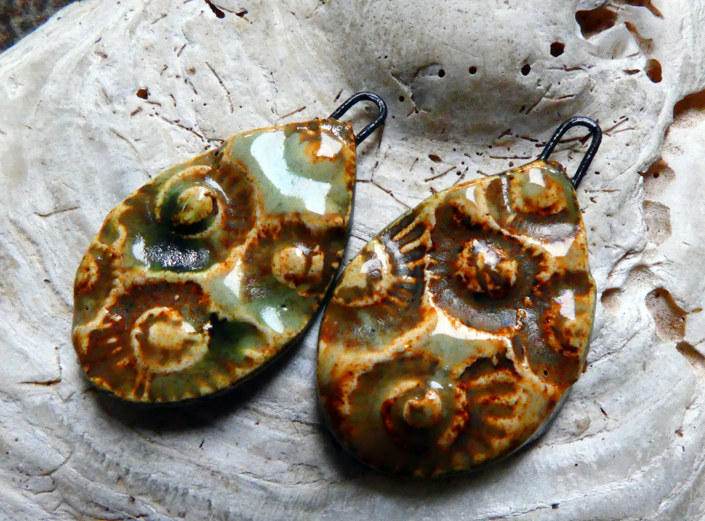 Ceramic Ammonite Textured Slice Earring Charms - Spring Rain