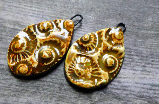 Ceramic Ammonite Textured Slice Earring Charms -Old Copper