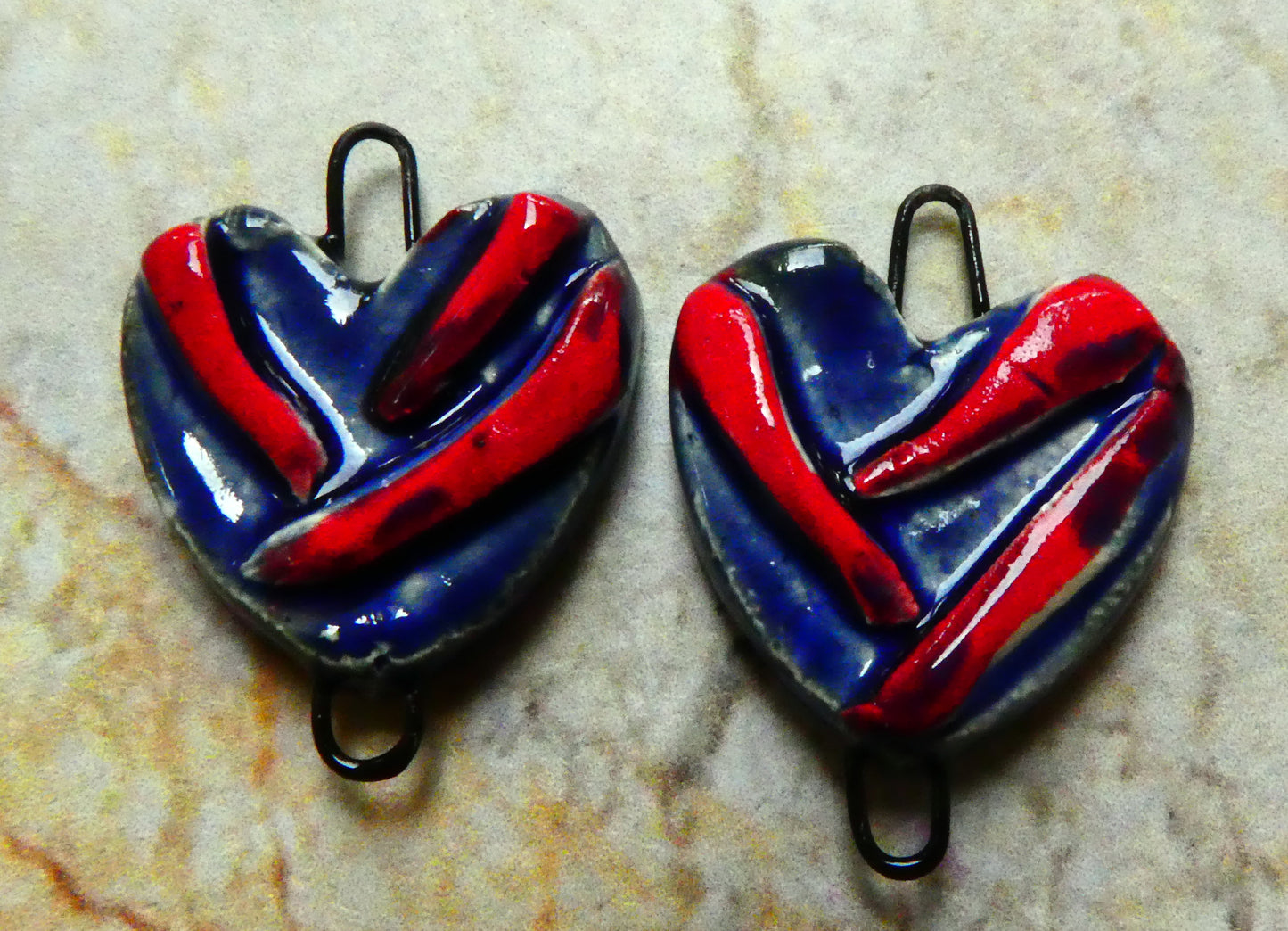 Ceramic Moulded Heart Earring Connectors - Mirror Blue