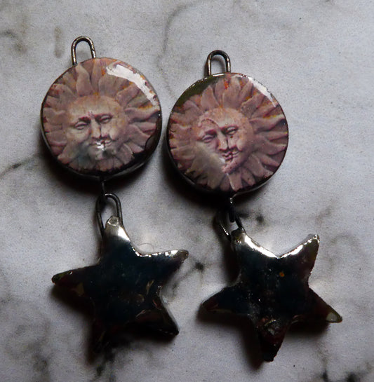 Ceramic Vintage Sun Decal and Star Earring Dangles #1