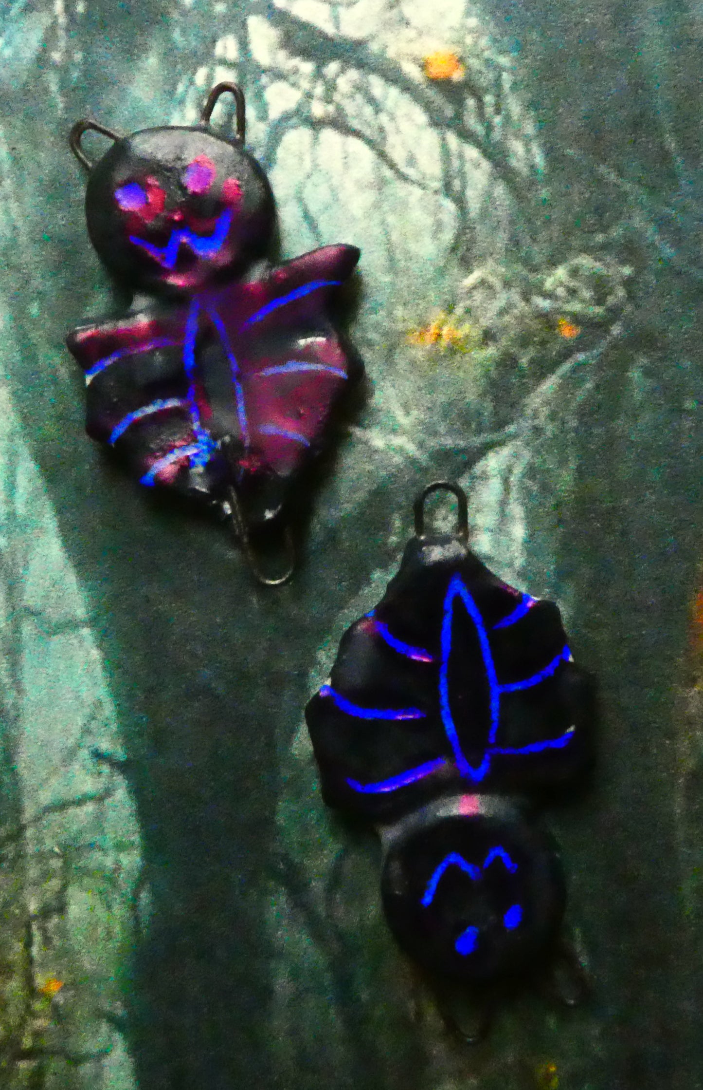 Ceramic Bat Earring Connectors - Matte and Blue