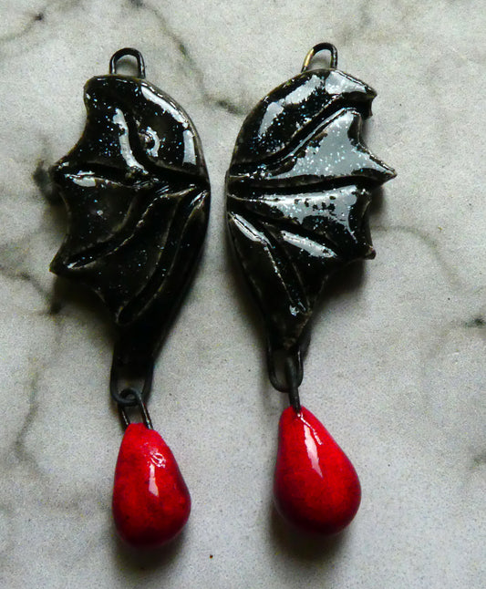 Ceramic Bat Wings with Blood Drops Earring Dangles -Black Diamond