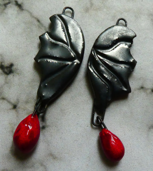 Ceramic Bat Wings with Blood Drops Earring Dangles -Pewter