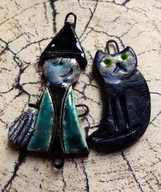 Ceramic Simple Soul Witch and Cat Earring Charms - Antique Turquoise #1