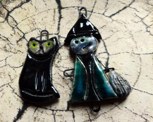 Ceramic Simple Soul Witch and Cat Earring Charms - Antique Turquoise #2