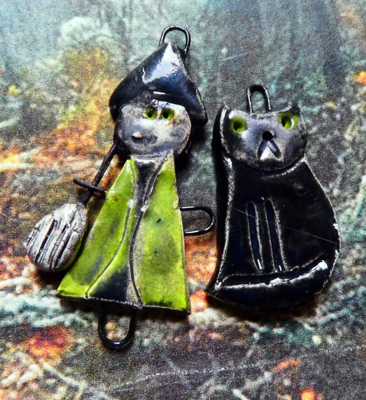 Ceramic Simple Soul Witch and Cat Earring Charms - Neon Green#2
