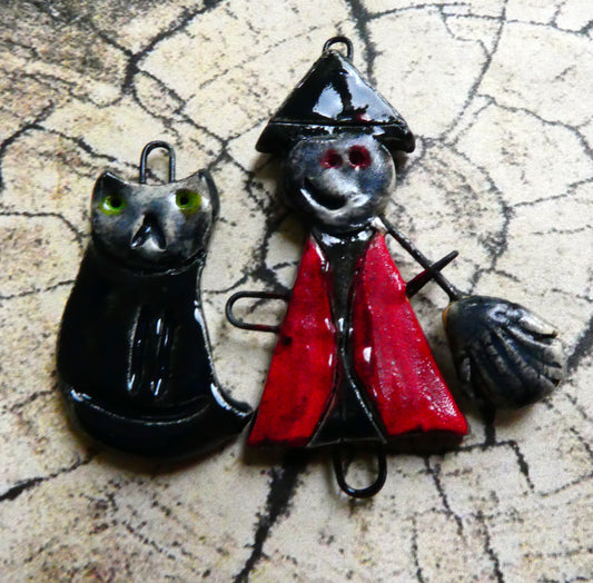 Ceramic Simple Soul Witch and Cat Earring Charms - Red#1