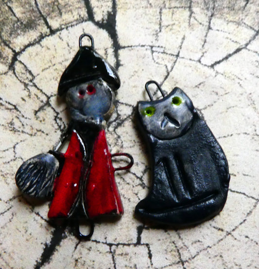 Ceramic Simple Soul Witch and Cat Earring Charms - Red#2
