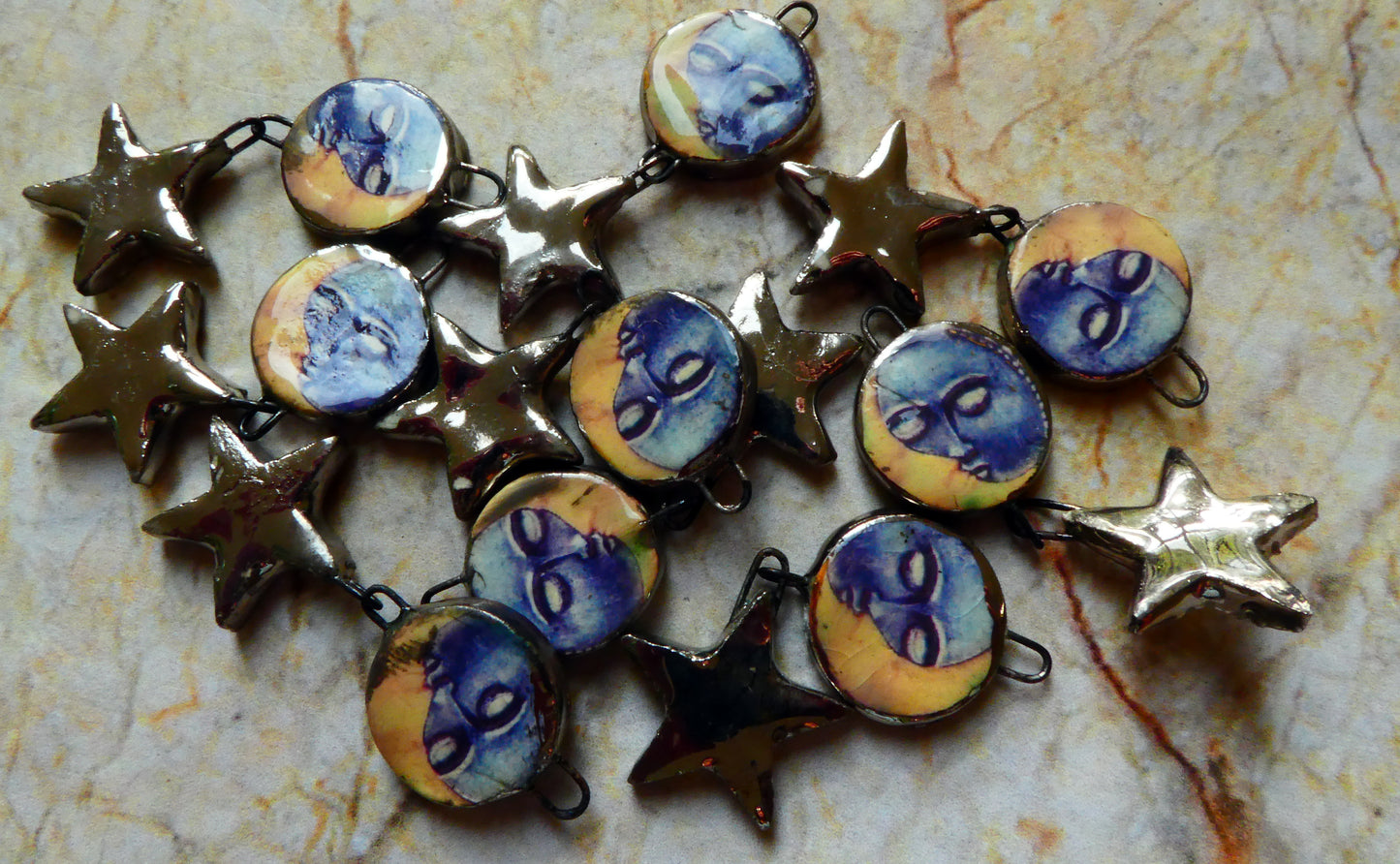 Ceramic Vintage Moon and Sun Decal and Star Earring Dangles #2
